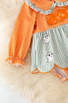Orange gingham & stripe printed baby dress w/attached bloomers. RPG62348 JEAN
