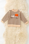 Unisex brown stripe on ivory knit sweater w/ pumpkin on a truck. TPG60458 AMY