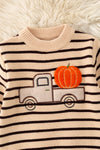 Unisex brown stripe on ivory knit sweater w/ pumpkin on a truck. TPG60458 AMY