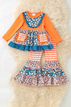 Blue Orange stripe & floral block ruffle tunic & bell bottoms. OFG61978 AMY