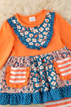 Blue Orange stripe & floral block ruffle tunic & bell bottoms. OFG61978 AMY