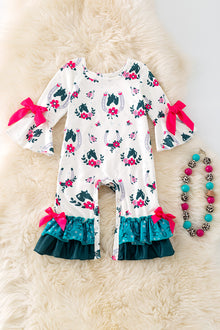  Horseshoe printed on white baby romper with ruffle hem. RPG52076 AMY
