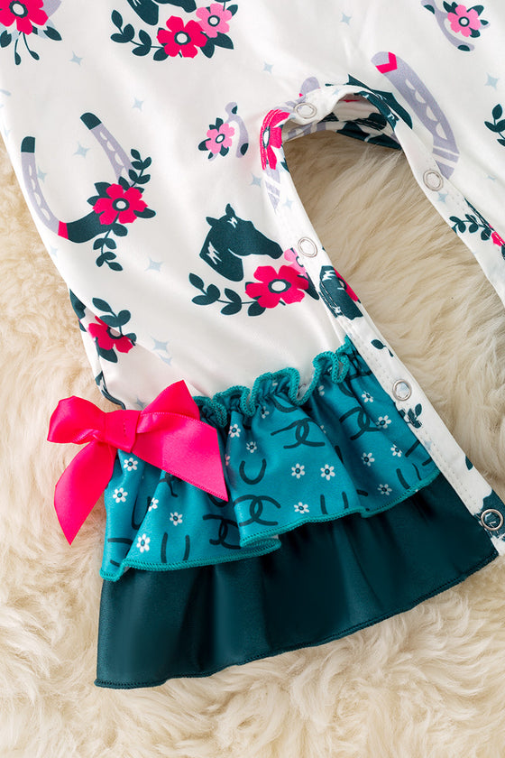 Horseshoe printed on white baby romper with ruffle hem. RPG52076 AMY