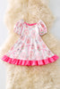 Labub* girls printed dress with pink ruffle hem. DRG51902