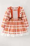Burnt Orange plaid dress with lace detail. DRG63457 jean