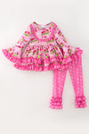 Pink cheetah christmas character printed girls 2 piece set. OFG61536 MON