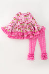 Pink cheetah christmas character printed girls 2 piece set. OFG61536 MON