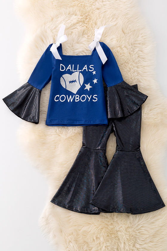 Dallas Cowboys" Navy blue top with bell sleeves and shimmery bell pants. OFG4276NAY