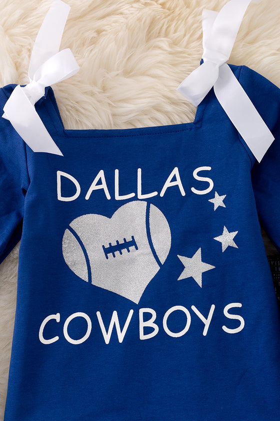 Dallas Cowboys" Navy blue top with bell sleeves and shimmery bell pants. OFG4276NAY