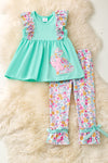 Mint tunic with Easter bunny applique & floral bottoms. OFG60125 SOL