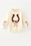 Horseshoe knit sweater w/ pink bow on sleeves. TPG60533 JEAN