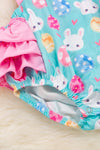 Baby chick printed on pink ruffle baby onesie. RPG20204005 WENDY