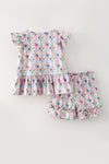 Floral printed w/fuchsia front button and ruffle shorts. OFG62612 AMY
