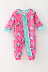 Sweet star printed on fuchsia baby jumpsuit with aqua ruffle hem. RPG61441 MON