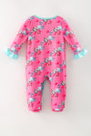 Sweet star printed on fuchsia baby jumpsuit with aqua ruffle hem. RPG61441 MON