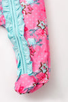 Sweet star printed on fuchsia baby jumpsuit with aqua ruffle hem. RPG61441 MON