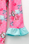Sweet star printed on fuchsia baby jumpsuit with aqua ruffle hem. RPG61441 MON