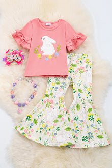  Easter bunny printed on coral ruffle sleeve top & bell bottoms. OFG20144001 Wendy