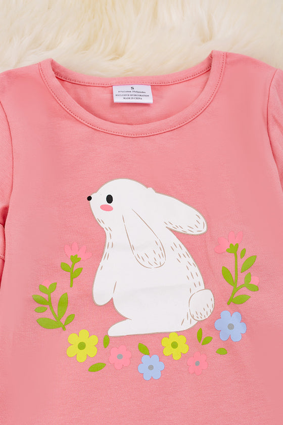 Easter bunny printed on coral ruffle sleeve top & bell bottoms. OFG20144001 Wendy