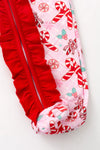 Candy cane printed on pink with ruffle hem. RPG61440 AMY