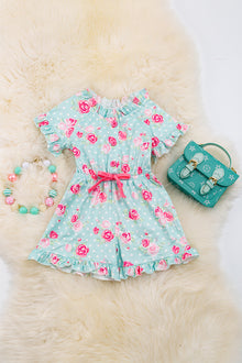  Pastel blue floral printed romper with ruffle hem. PNG25134003 SOL
