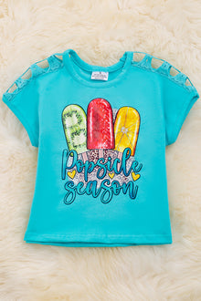  "Popsicle Season" Turquoise graphic tee w/embroidered shoulder sleeve. TPG25134002 JEANN