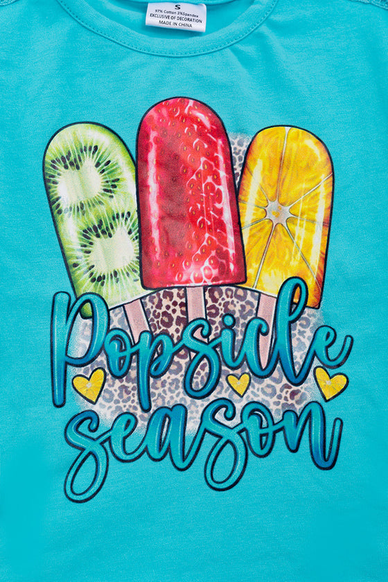 "Popsicle Season" Turquoise graphic tee w/embroidered shoulder sleeve. TPG25134002 JEANN