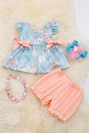 White Easter bunny printed on blue tunic & peach bubble shorts. RPG20204009- EDUARDO