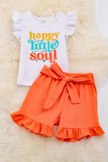  Happy Soul" Angel sleeve top & orange shorts with ruffle hem. OFG25114034 wendy