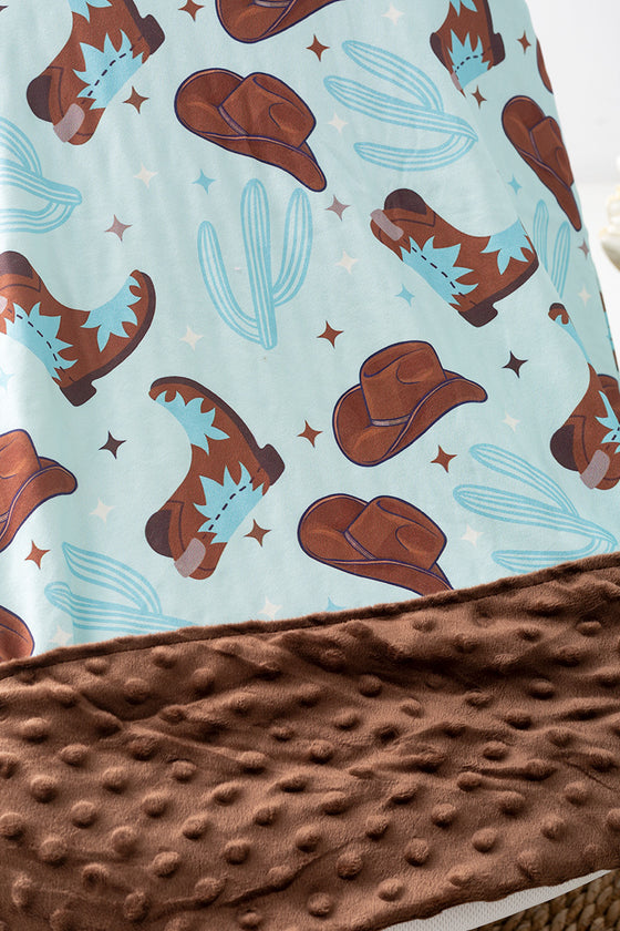 Lt. Blue w/minky brown fabric western baby blanket. BKB50027 S