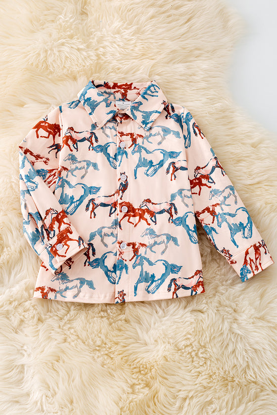 (Western) Horse printed on cream long sleeve button up shirt.  TPB50365 Jean