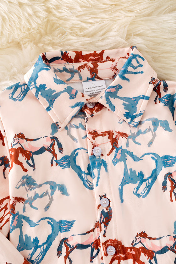 (Western) Horse printed on cream long sleeve button up shirt.  TPB50365 Jean