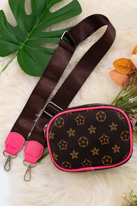 Chocolate brown star printed mini crossbody purse. BBG40013 M