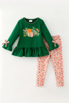 Dark green ruffle sleeve top and floral leggings. OFG61951 SOL