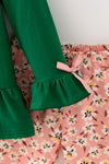 Dark green ruffle sleeve top and floral leggings. OFG61951 SOL
