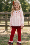 Smock pink plaid tunic with embroidered ginger cookie and red pants. OFG61530 MON