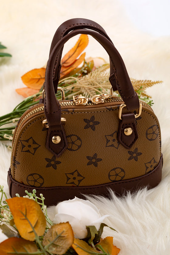 Khaki & chocolate brown trim printed half moon crossbody purse. BBG65203034 M