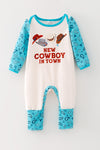 "New Cowboy In Town" Western printed baby romper w/turquoise sleeves. RPB60579 SOL
