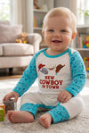 "New Cowboy In Town" Western printed baby romper w/turquoise sleeves. RPB60579 SOL