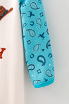 "New Cowboy In Town" Western printed baby romper w/turquoise sleeves. RPB60579 SOL