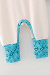 "New Cowboy In Town" Western printed baby romper w/turquoise sleeves. RPB60579 SOL