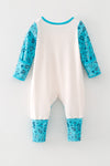 "New Cowboy In Town" Western printed baby romper w/turquoise sleeves. RPB60579 SOL