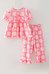 Pink plaid daisy printed girls 2 piece set. OFG61878 AMY