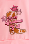 Merry Christmas Y'all" Pink top and cow printed bell bottoms. OFG61881 AMY