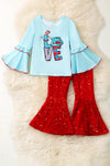 Love lt. blue bell sleeve top and red sequins bell bottoms. OFG53420 AMY