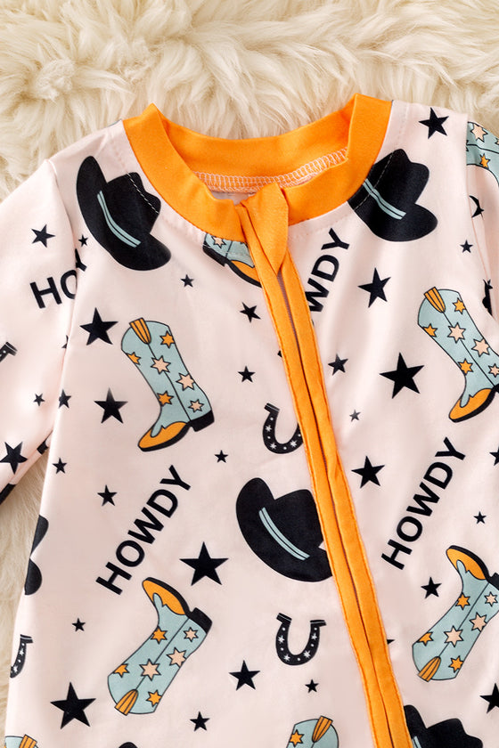 (WESTERN) "Howdy" Western printed on blue baby onesie. RPB50470 SOL