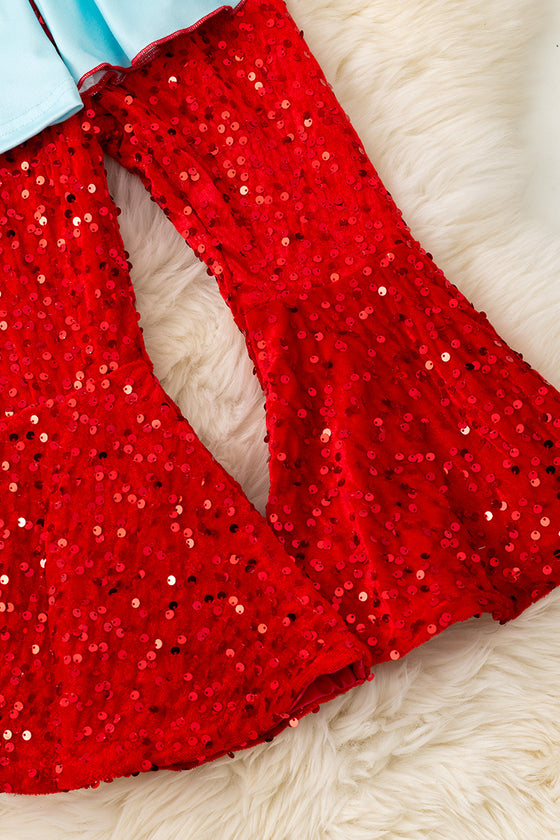 Love lt. blue bell sleeve top and red sequins bell bottoms. OFG53420 AMY