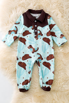  (WESTERN) Cowboy boot printed on blue baby onesie. RPB50468 AMY