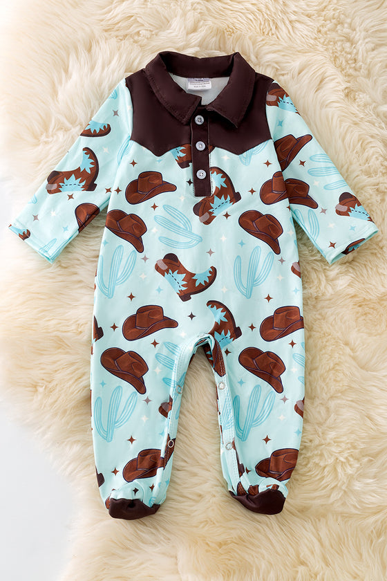 (WESTERN) Cowboy boot printed on blue baby onesie. RPB50468 AMY