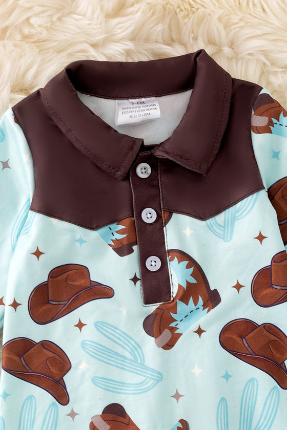 (WESTERN) Cowboy boot printed on blue baby onesie. RPB50468 AMY